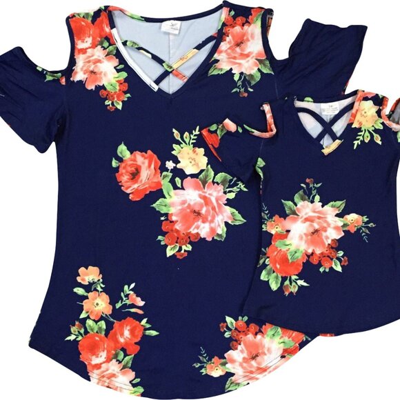 Little Girls Kids Cold Shoulder off Shoulder Floral Flower Cross Top T-Shirt Tee - Picture 1 of 4